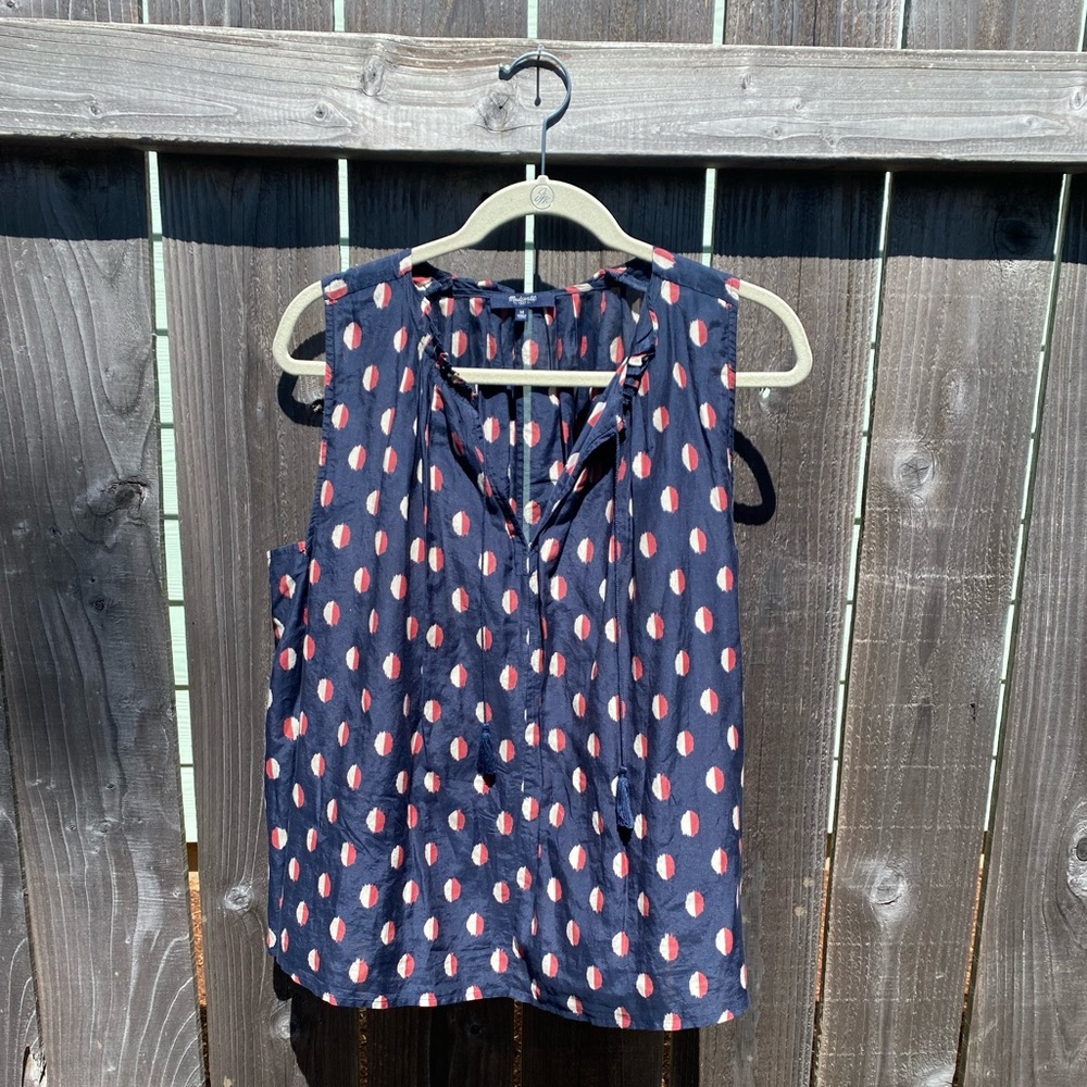 Madewell bellshift navy dotted tassel blouse m lightweight split neck